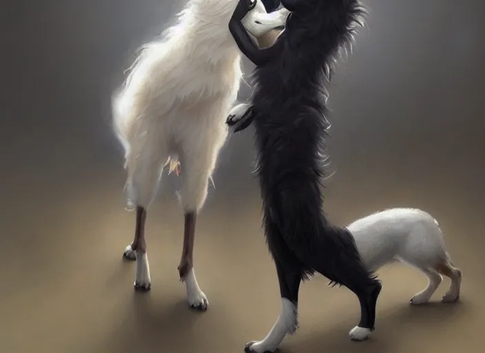 Image similar to wide shot painting of a male anthropomorphic border collie fursona dancing with a cute female anthropomorphic sheep fursona in a ballroom, beautiful, intricate, elegant, realistic proportions, highly detailed, scenic background, trending on artstation, art by charlie bowater and henry asencio and and ross tran