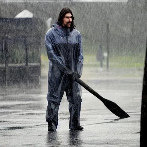 Image similar to christian bale in a clear rain coat holding an axe hd