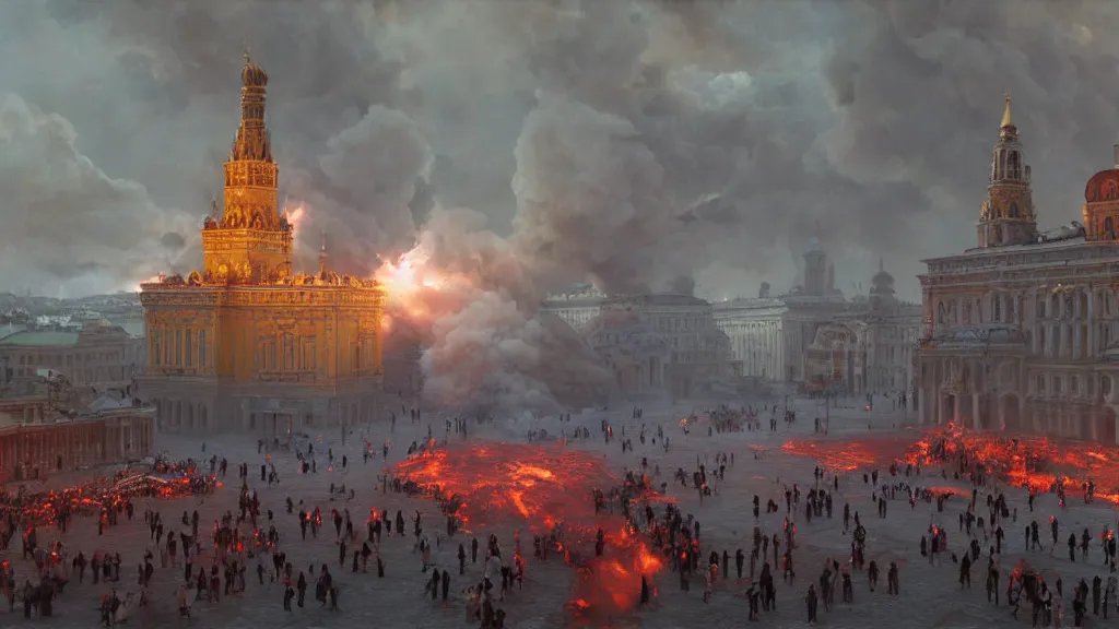 Image similar to ukranian army storming red square with fire and smoke burining in the background, lightning strikes, volumetric lightning by eugene von guerard, ivan shishkin, dramatic lighting, concept art, trending on artstation, 8 k