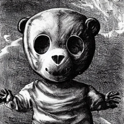 Image similar to found footage of floating teddy bear mask. space opera. b & w grainy. children illustration. art by gustav dore