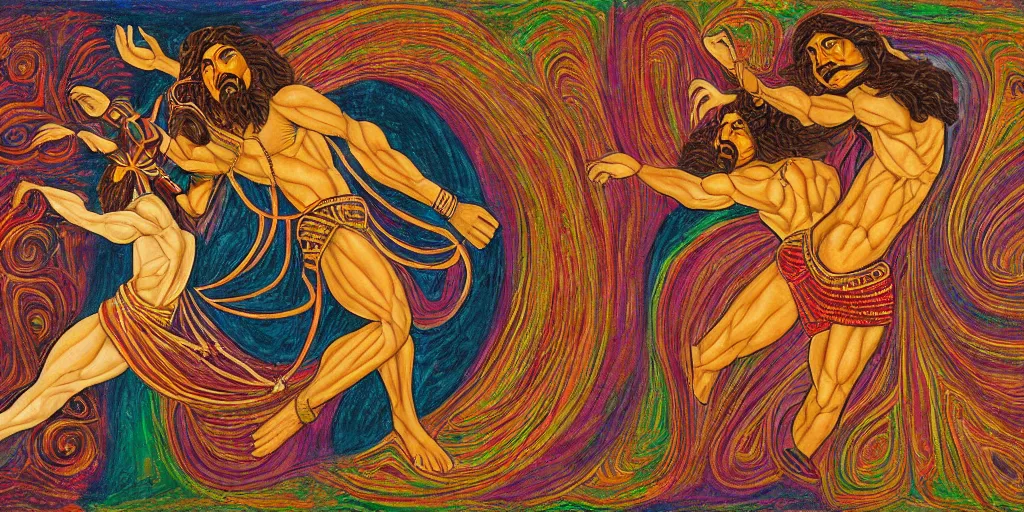 Image similar to an abstract spiritual background, a latino greek god dancing in ecstasy, clear eyes. 2 4 mm, photorealistic, muted color scheme, directed by mati klarwein