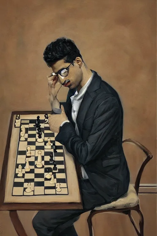 Image similar to a painting of anish giri as chess theoretician pondering over a chess board, a surrealist painting by james jean, trending on cgsociety, pop surrealism, angular