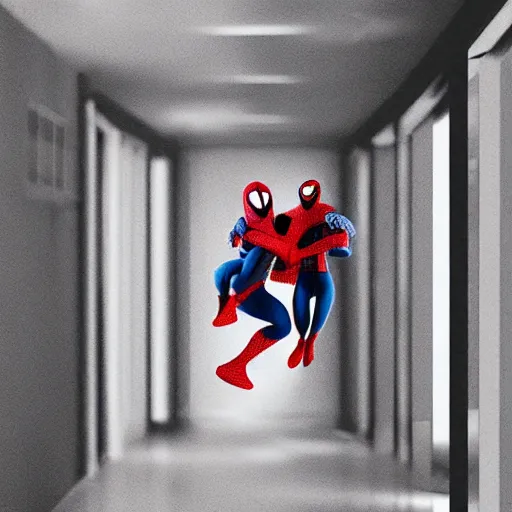 Prompt: “Happy Spider Man and Spider Girl hugging in hall, cinematic light, digital art”