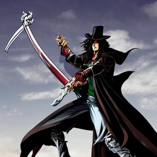 Image similar to alucard posing for a picture with a long sword