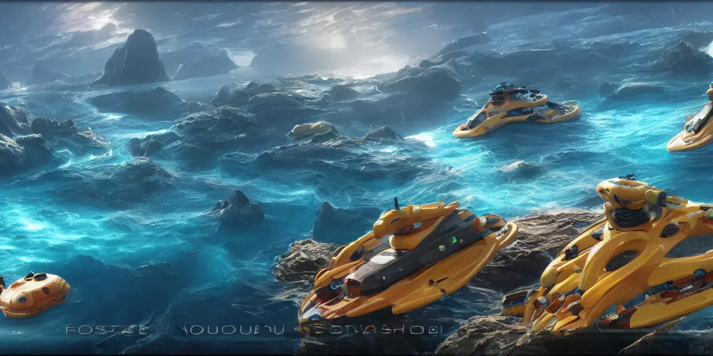 Image similar to a view from a boat of clusters of housecrafts floating on a beautiful ocean, fusion of subnautica and star trek, by noriyoshi ohrai, beautifully detailed 4 k octane render, 4 k post processing