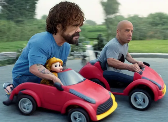 Image similar to peter dinklage racing vin diesel driving a little tikes cozy coupe, movie still, from the new gone in 6 0 seconds movie, 8 k, realistic