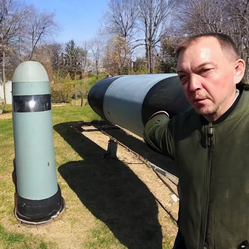 Image similar to selfie, funny intimidated ukrainian against the background of a fallen huge nuclear missile in his yard