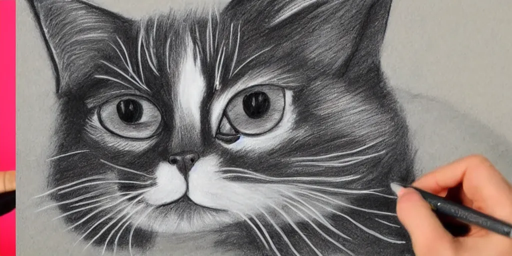 Prompt: how to draw a cute cat, step by step, on black board, chalk drawing