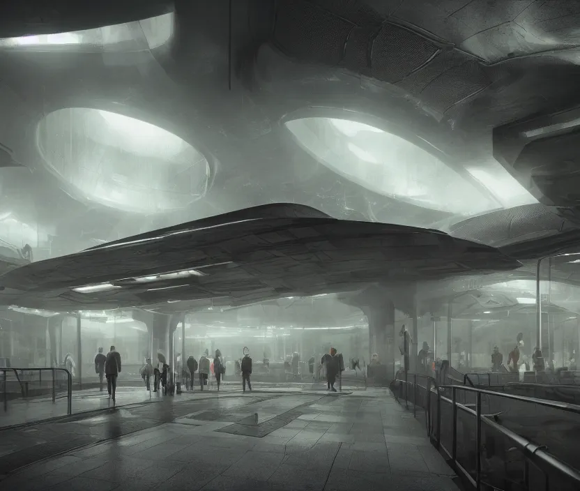 Prompt: Futuristic subway station , gloomy and foggy atmosphere, octane render, artstation trending, horror scene, highly detailded