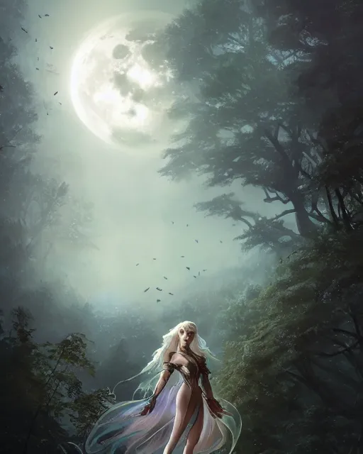 Image similar to attractive fairy goddness fly high in the night, d & d, fantasy, mist, full moon in background, trees, hyper detailed, art by artgerm and greg rutkowski and magali villeneuve, midium shot, 8 k realistic, cryengine, digital painting, trending on artstation, concept art, sharp focus, illustration,