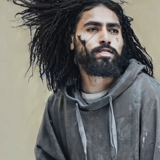 Image similar to a full body portrait of modern day jesus wearing jerry lorenzo streetwear hoodie and pants by nicola samori, oil painting, smudges, realistic, 8 k, adidas sneakers style