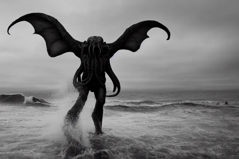 Image similar to cthulhu riding out of the ocean in Malibu morning natural light by Emmanuel Lubezki