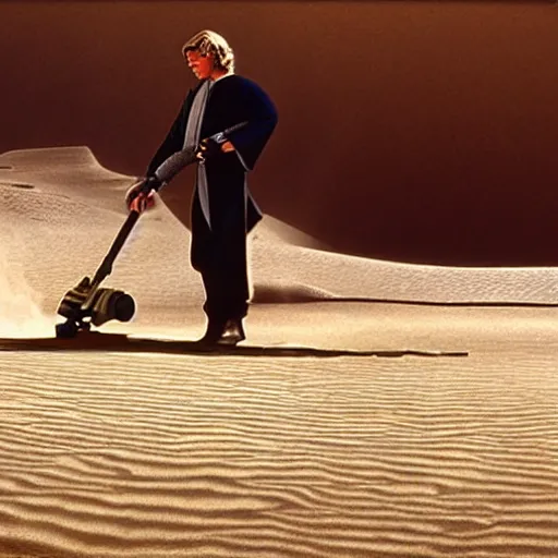 Prompt: anakin skywalker vacuuming the sand in tatooine