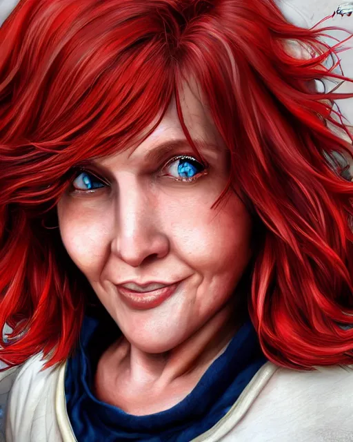 Image similar to portrait of happy short and plump 5 0 - year - old woman with red hair and, kind face, short hair, wearing in blouse, hyper realistic face, beautiful eyes, character art, art by mark brooks, hyperdetailed, cryengine, trending on artstation, digital art