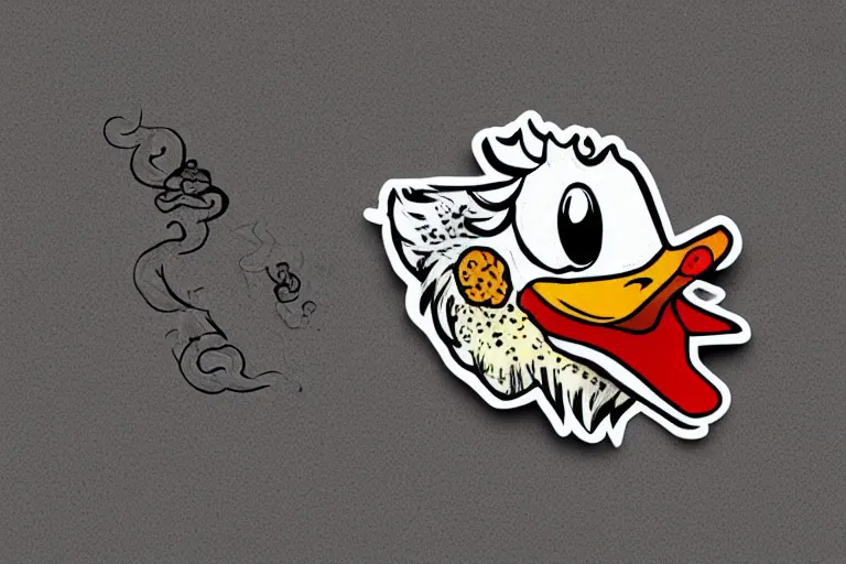 Prompt: a sticker illustration of a smoking duck in lowbrow art style, highly detailed, elegant, intricate