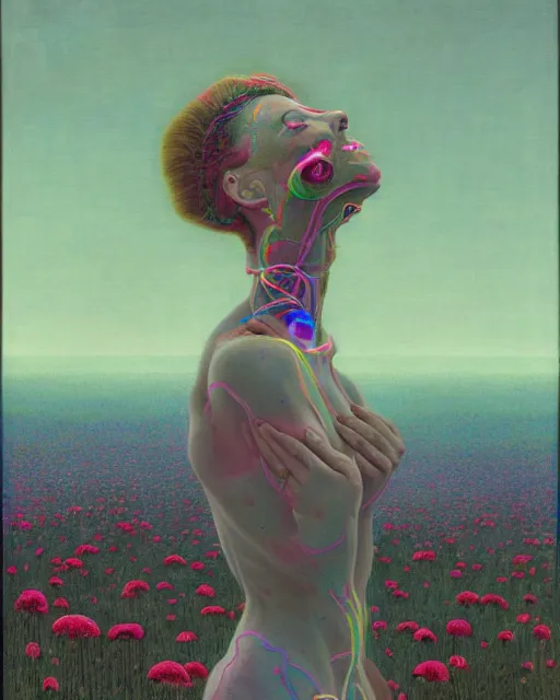 Image similar to A portrait of a woman wearing clothes made out of dying flowers, nuclear explosion in the background, Masterpiece, rainbow colored skin, glowing, wires everywhere, by Edgar Maxence and Ross Tran, Zdzisław Beksiński, and Michael Whelan, distant, gustav dore, H.R. Giger, 8k, octane render