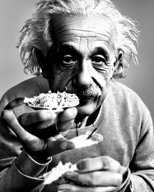 Image similar to A photo of Albert Einstein eating Samosa, highly detailed, trending on artstation, bokeh, 90mm, f/1.4