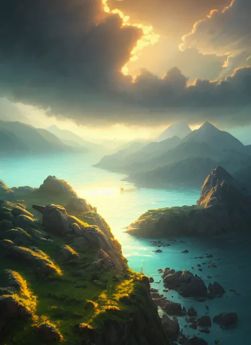 Image similar to nature landscape, aerial view, drone photography, cinematic, mountains and ocean, cinematic view, epic sky, detailed, concept art, low angle, high detail, warm lighting, volumetric, godrays, vivid, beautiful, trending on artstation, by jordan grimmer, huge scene, art greg rutkowski