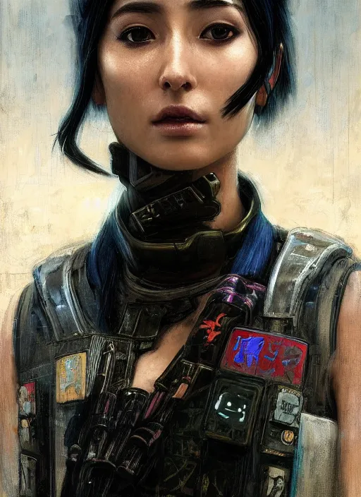 Image similar to Nikki. beautiful cyberpunk Samurai woman wearing a military vest and military jumpsuit (cyberpunk 2077, bladerunner 2049). gorgeous face. Iranian orientalist portrait by john william waterhouse and Edwin Longsden Long and Theodore Ralli and Nasreddine Dinet, oil on canvas. Cinematic, hyper realism, realistic proportions, dramatic lighting, high detail 4k