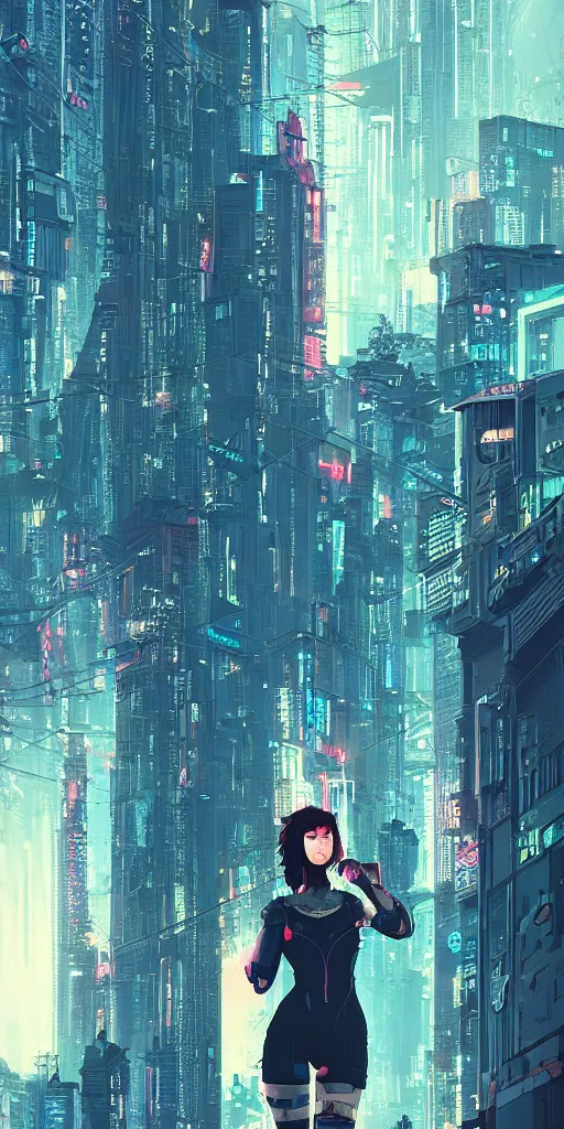 Image similar to cyberpunk girl on a roof, looking up at cityscape of vertical cyberpunk city with high towers, shanghai, by Alena Aenami and blade runner and akira, trending on Artstation,