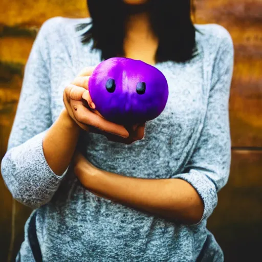 Image similar to a woman holding an eggplant emoji