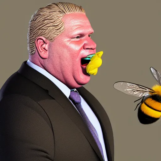 Prompt: 3 d render of doug ford with a bee in his mouth