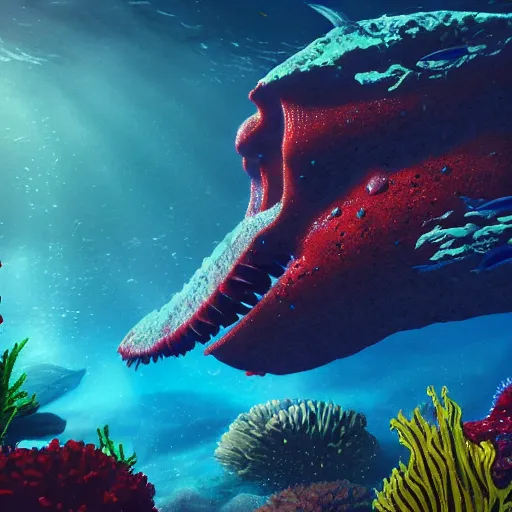 Image similar to underwater view of a strange alien world, some washed out red and green plant life, giant leviathan swimming far in the background, deep blue sea color, artstation, cinematic angle, cinematic and dramatic lighting