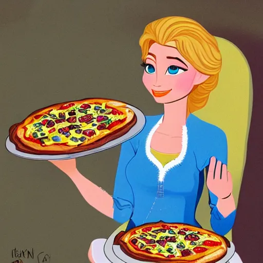 Prompt: portrait of elsa eating a pizza