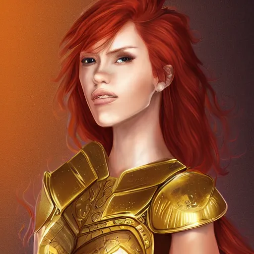 Image similar to a beautiful woman wearing gold armor, redhead, short hair, digital art, extremely detailed