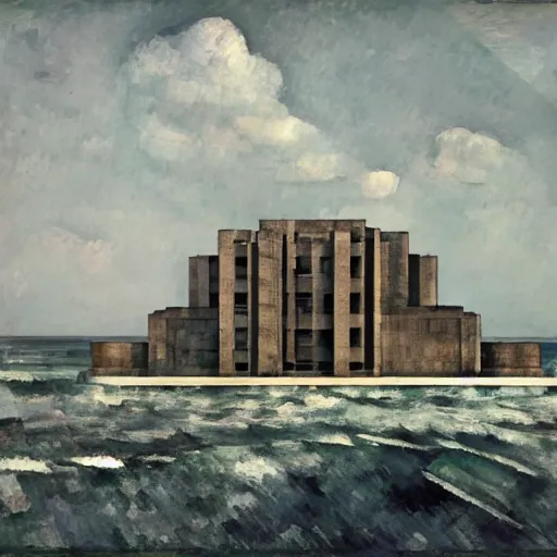 Image similar to communist buildings stand above the sea, brutalism, by paul cezanne ， highly detailed, cinematic landscape ， redshift render ， trending on artstation,