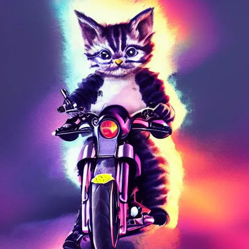 Image similar to wide angle full body, jacket wearing fluffy cute rainbow kitten wearing a black leather motorcycle jacket, riding on a motorcycle, cinematic concept art