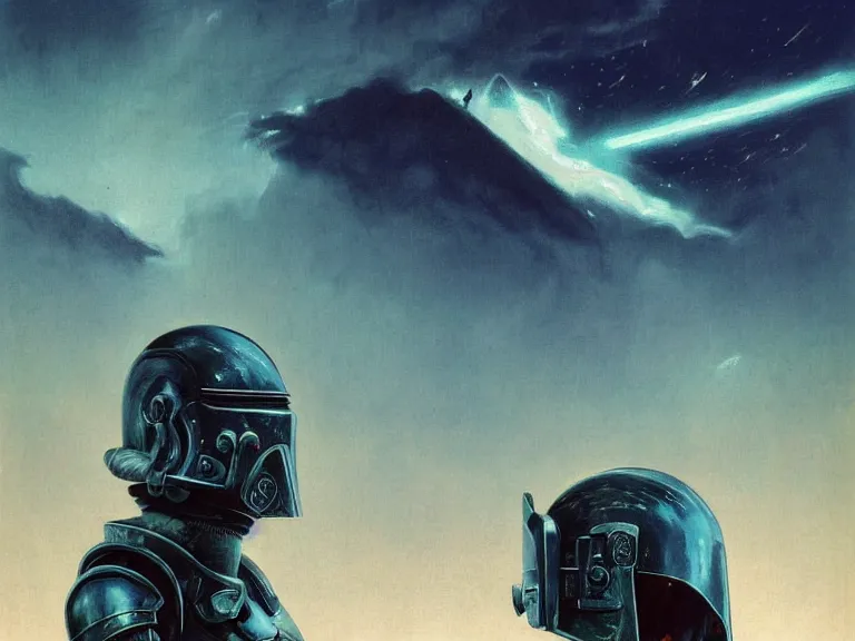 Image similar to a detailed profile painting of a bounty hunter in armour and visor, cinematic sci-fi poster. Spaceship high in the background. Flight suit, spartan armour faceplate anatomy portrait symmetrical and science fiction theme with lightning, aurora lighting clouds and stars. Clean and minimal design by beksinski carl spitzweg giger and tuomas korpi. baroque elements. baroque element. intricate artwork by caravaggio. Oil painting. Trending on artstation. 8k