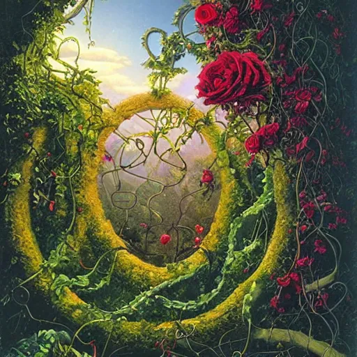 Image similar to a portal with vines and roses on the outside by kilian eng, chris foss, rodney matthews, robert mccall, jacek yerka and vladimir kush, oil on canvas