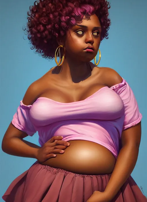 Prompt: full body portrait, teenage vanessa morgan, pink hair, brown skin, obese, curly pixie hair, sultry, realistic, short hair, hoop earrings, skirt, shirt, fat, belly, intricate, elegant, highly detailed, digital painting, artstation, concept art, smooth, sharp focus, illustration, art by wlop, mars ravelo and greg rutkowski