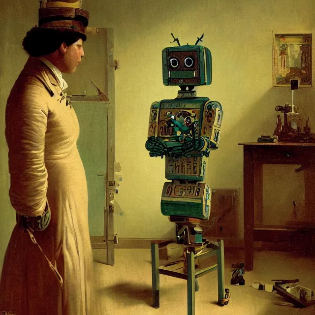 Prompt: robot painting a self - portrait on a canvas. intricate, highly detailed, photorealistic, film still, by carl spitzweg.