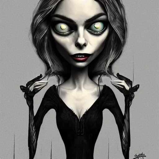 Image similar to michael karcz grunge drawing of margot robbie. , in the style of corpse bride, loony toons style, horror themed, detailed, elegant, intricate, trending on artstation, 4k