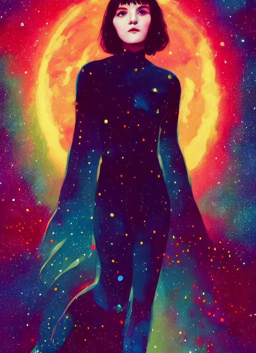 Image similar to full - length portrait of lauren mayberry, standing in front of a colorful starry galaxy, detailed face, fantasy, cinematic lighting, digital art painting, fine details by realistic shaded lighting poster by ilya kuvshinov katsuhiro otomo, magali villeneuve, artgerm, jeremy lipkin and michael garmash and rob rey