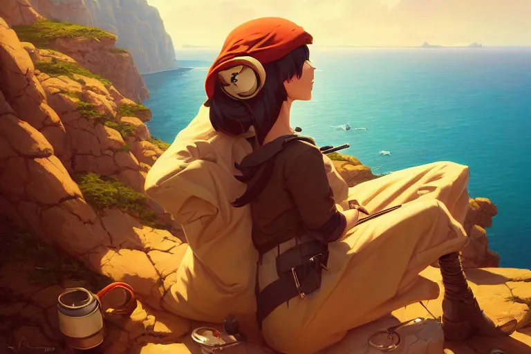 Prompt: a painting of a military woman sitting on a cliff, smoking a cigarette, a character portrait by rhads, makoto shinkai and lois van baarle, ilya kuvshinov, rossdraws global illumination and tom bagshaw, cg society, fantastic realism, intricate, detailed