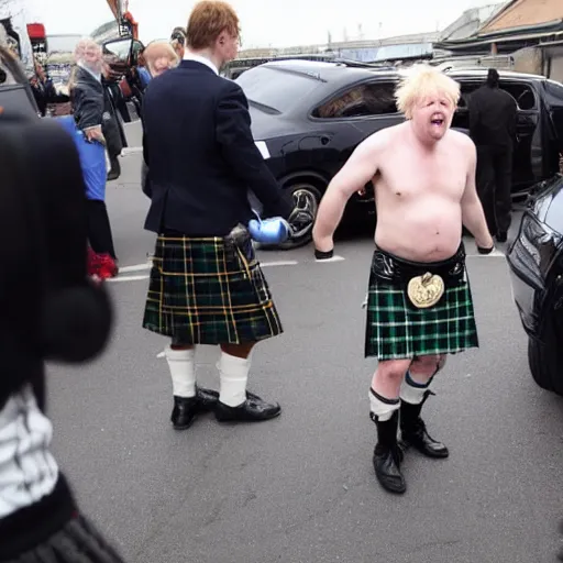 Image similar to boris johnson wearing a kilt, drinking beer and dancing on a parking lot next to a car