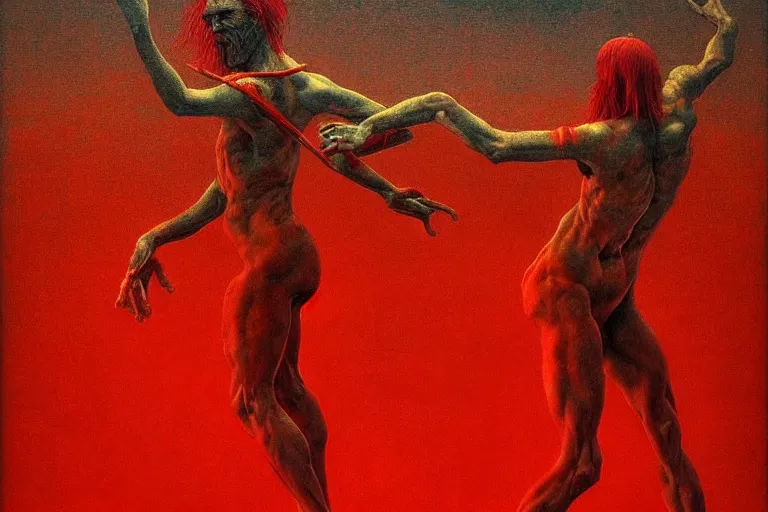 Prompt: only with red, a red tiger, rome in the background, medieval demons dance, an ancient path, in the style of beksinski, part by hopper, part by rodcenko, part by hofbauer, intricate composition, red by caravaggio, insanely quality, highly detailed, masterpiece, red light, artstation