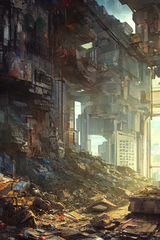 Prompt: a cyberpunk landscape with a pile of rubble in many colors with a corner wall with a window and the light shining through