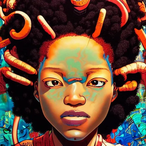 Image similar to afropunk portrait soft light painted by james jean and katsuhiro otomo and erik jones, inspired by akira anime, smooth face feature, intricate oil painting, high detail illustration, sharp high detail, manga and anime 1 9 9 9