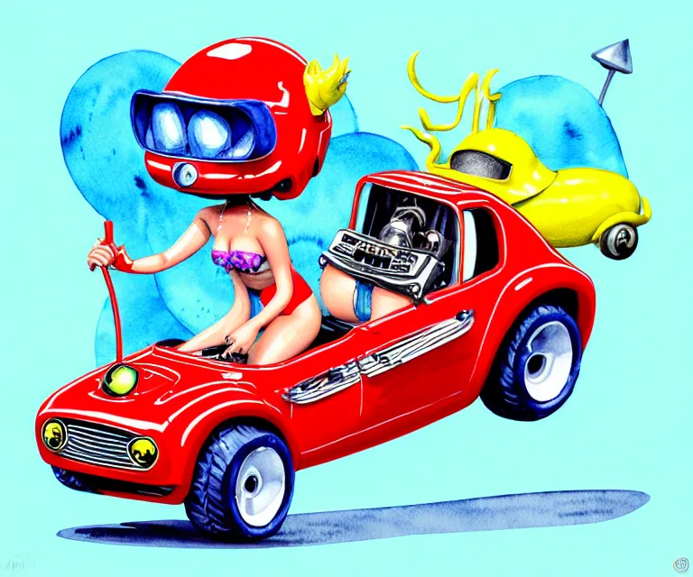 Prompt: cute and funny, lady gaga wearing a helmet riding in a tiny hot rod with an oversized engine, ratfink style by ed roth, centered award winning watercolor pen illustration, isometric illustration by chihiro iwasaki, edited by range murata, tiny details by artgerm and watercolor girl, symmetrically isometrically centered, sharply focused