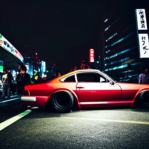 Image similar to a car S30 turbo drift at illegal car meet, shibuya prefecture, midnight mist streetlights, color grade, photorealistic, highly detailed wheels, highly detailed