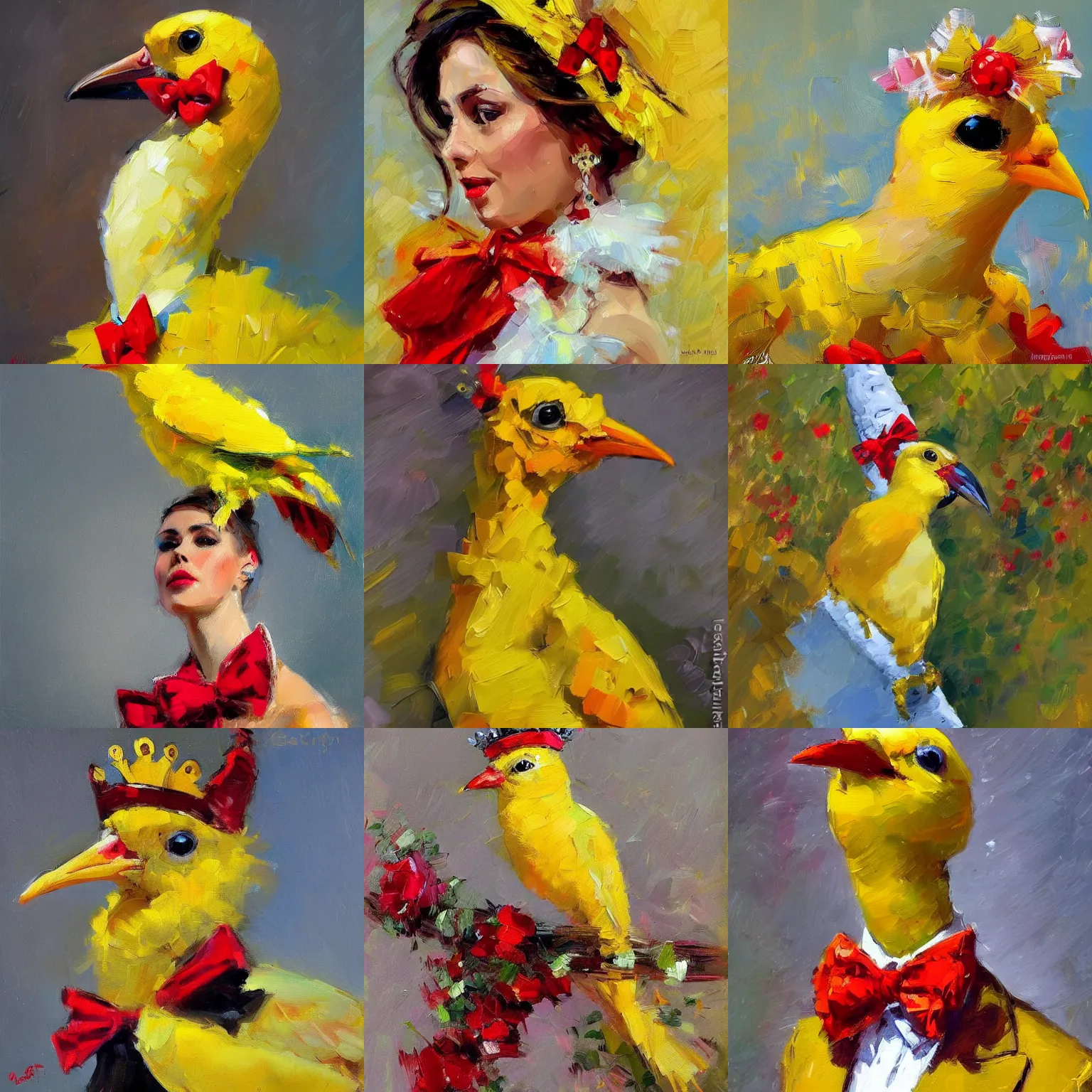 Prompt: an elegant yellow BIRD wearing a CROWN and a red bow tie, painting in the style of Michael Garmash, very very beautiful, high quality, detailed, 4k, impressionism