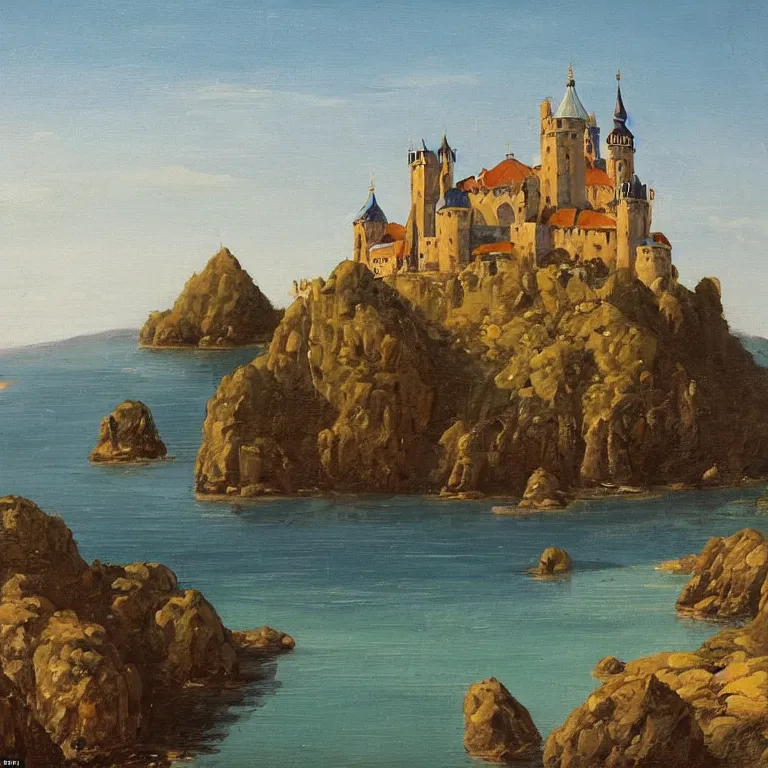 Prompt: in the style of andreev, alex, art of a medieval castle and bustling town floating on top of a giant rock next to a beach and a clear blue sea mountain range