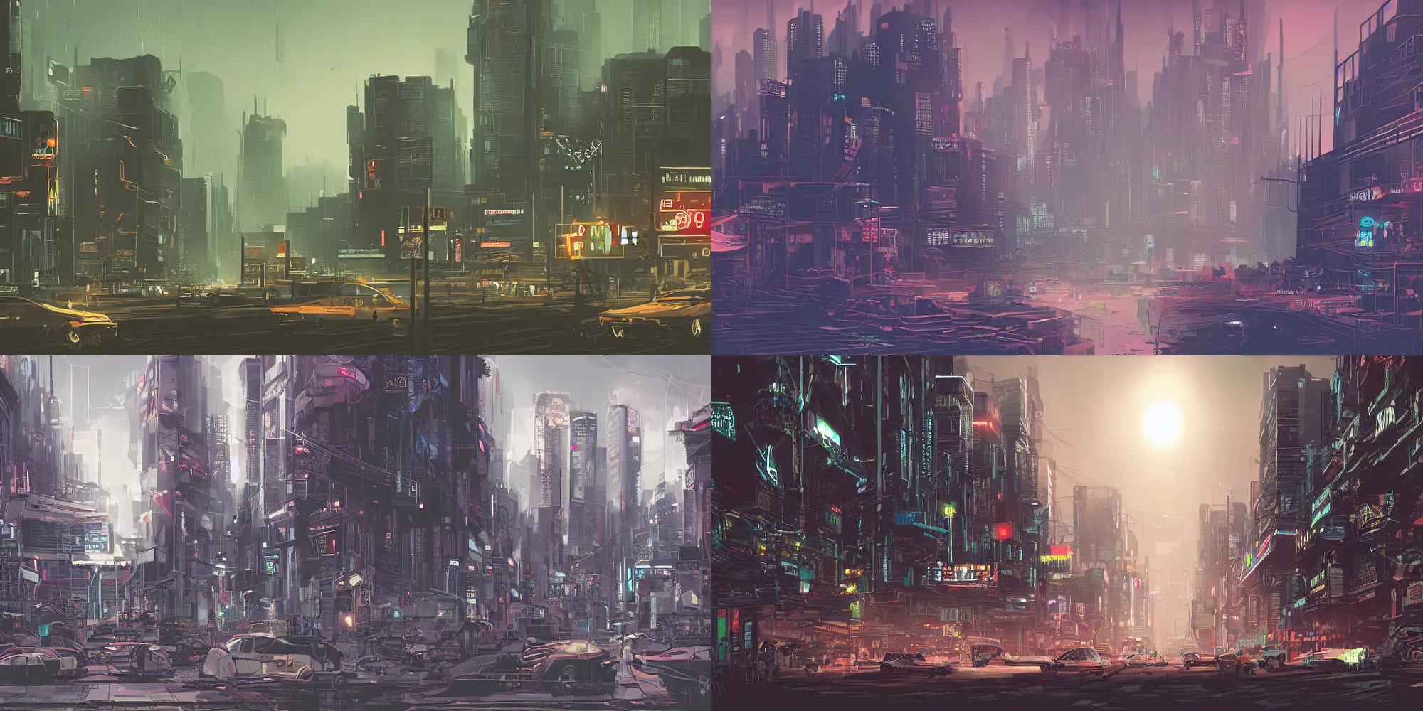Prompt: a digital illustration of a miserable polluted cyberpunk city