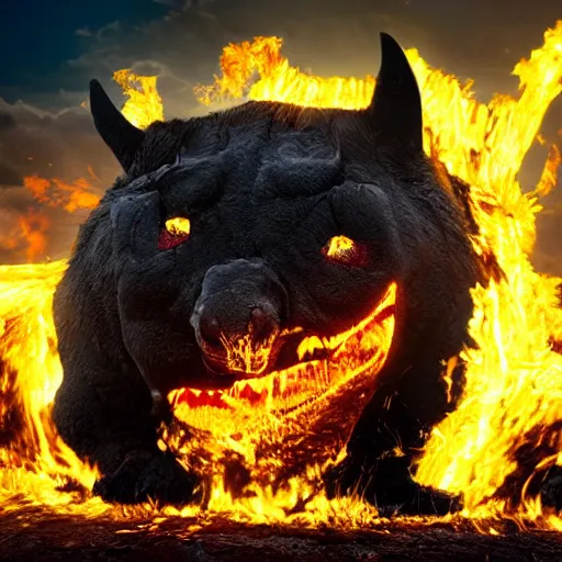 Image similar to Dark powerful creature all on fire with only one eye, destroying city, realistic photo, high detailed