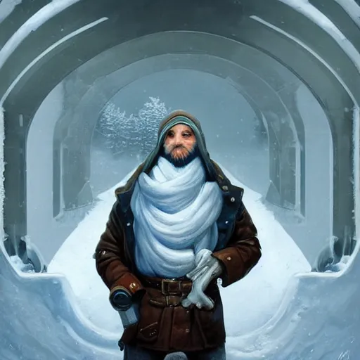 Image similar to beautiful snow - covered plumber posing in museum, half - length portrait, perfect symmetrical eyes, cinematic by peter mohrbacher, detailed, hyperrealism