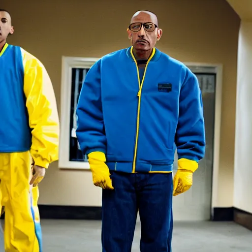 Image similar to gus fring in a blue varsity jacket with yellow sleeves, still from breaking bad